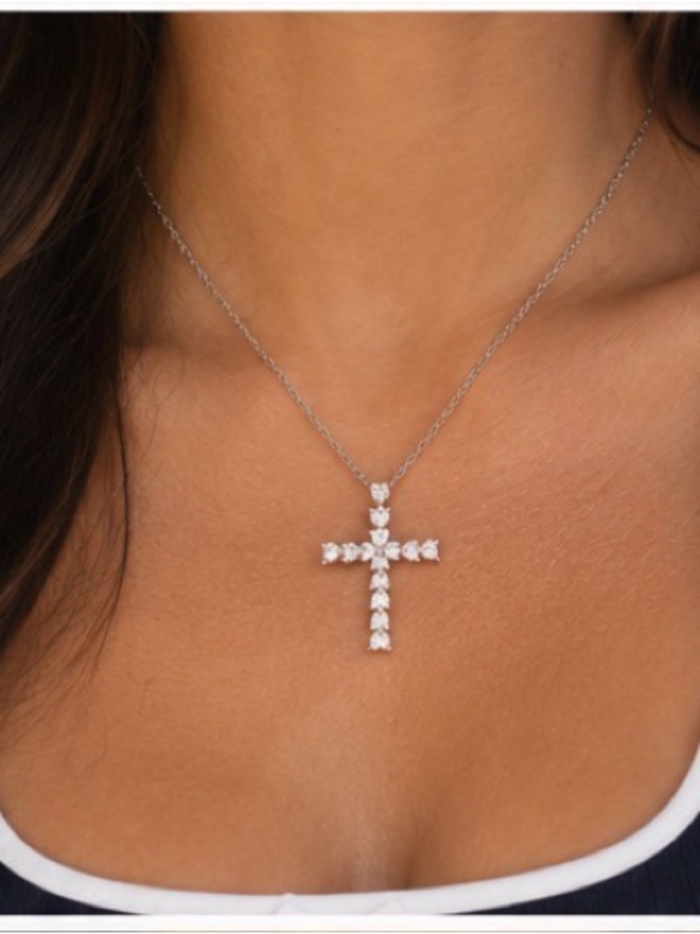 Sparkling Clear Crystal Cross Necklace — Silver Tone